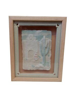 Vintage Southwest Cactus Wall Art Paper Mache Cast Framed Sculpture 1980s Pastel